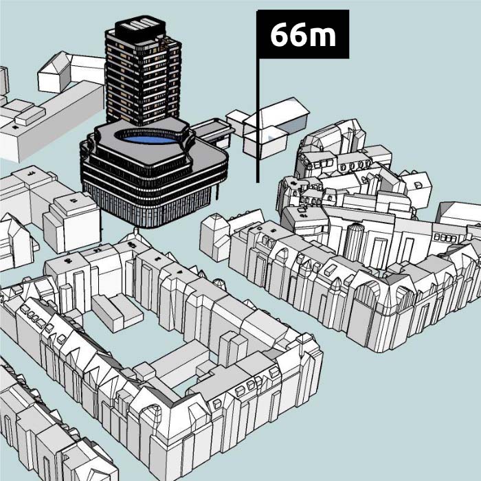 Visualisierung des 66 m Bauvorhabens aus Besonnungsgutachten
		zum BV der dotSource Headquarter GmbH Saalbahnhofstraße in Jena